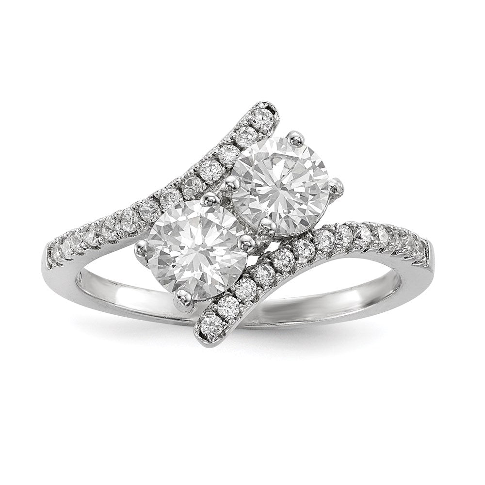 Sterlingsilber Rhodiniert Zirkonia Zwei Stein Poliert Bypass Ring