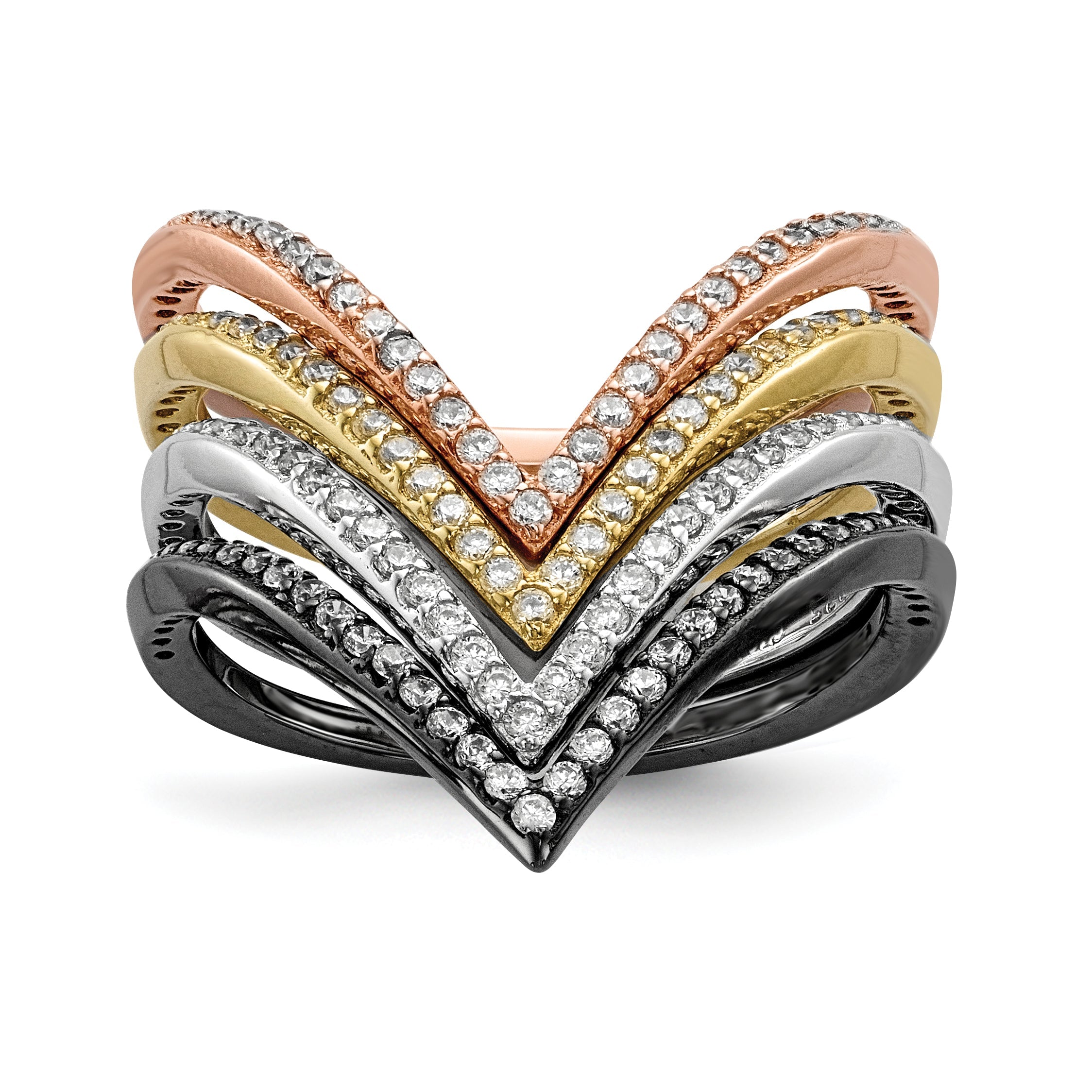 Sterlingsilber Rhodium & Schwarz Platte, Gold Roséfarben Zirkonia 4 Ring Set