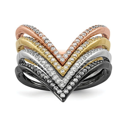 Sterlingsilber Rhodium & Schwarz Platte, Gold Roséfarben Zirkonia 4 Ring Set