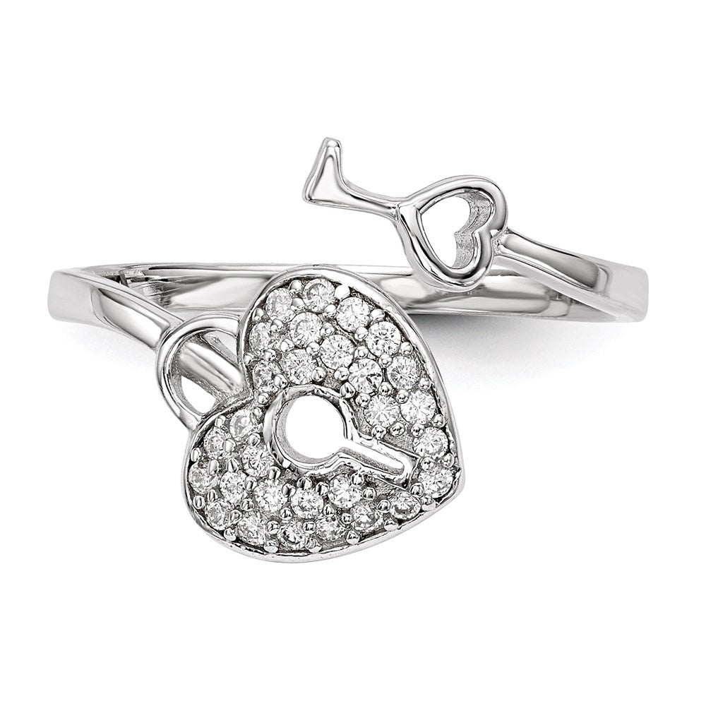 Sterlingsilber Rhodiniert Zirkonia Herz Schloss und Key Ring