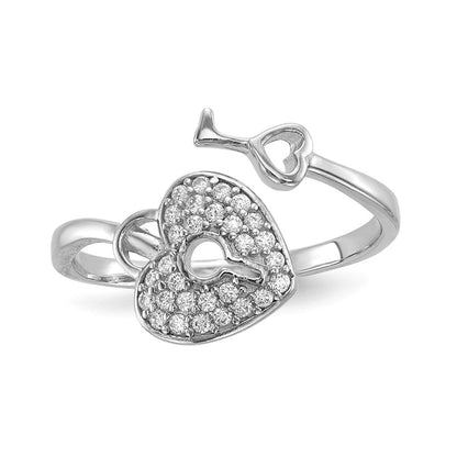 Sterlingsilber Rhodiniert Zirkonia Herz Schloss und Key Ring