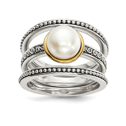 Silber/14K Bicolor Sterlingsilber 14K Antikisiert 8mm Knopf Fwc Perle Set Of 3 Rings
