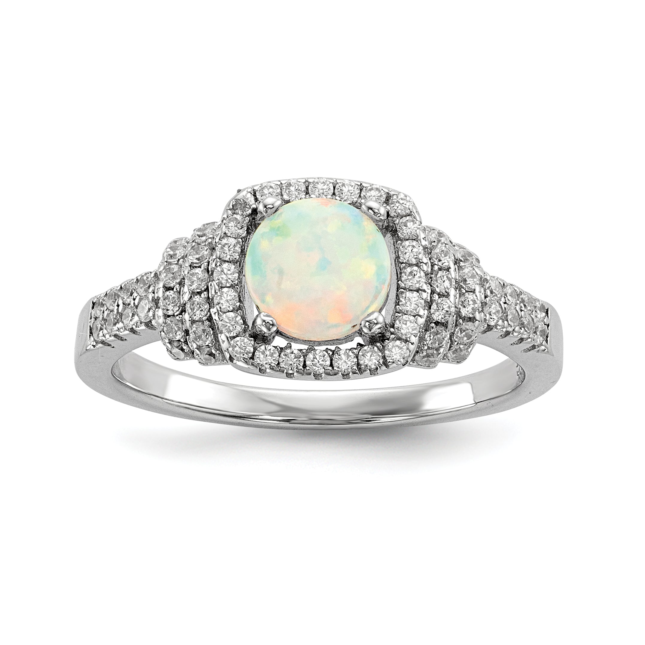 Sterlingsilber Rhodiniert Zirkonia und Im Labor Erzeugt Weiß Opal Ring