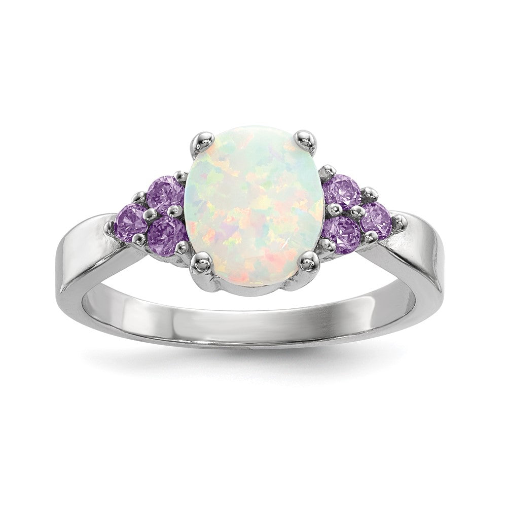 Sterlingsilber Rhodiniert Oval Erzeugt Opal Lila Zirkonia Ring