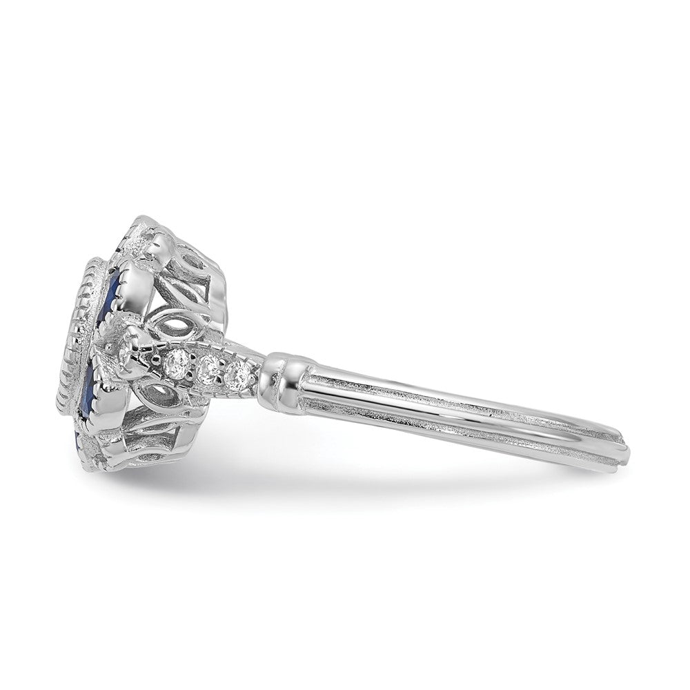 Sterlingsilber Rhodiniert Zirkonia und Lab Cr. Blau Saphir Blume Ring