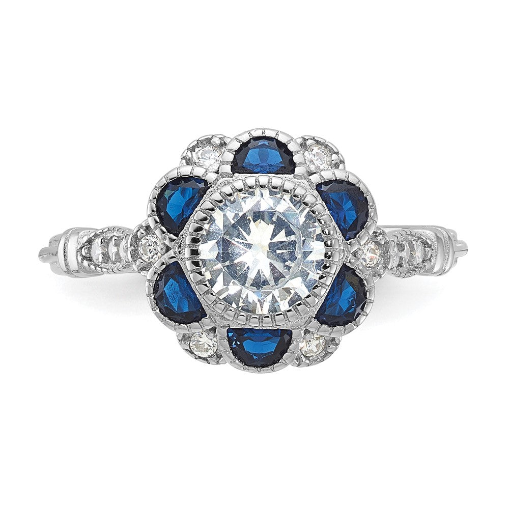 Sterlingsilber Rhodiniert Zirkonia und Lab Cr. Blau Saphir Blume Ring