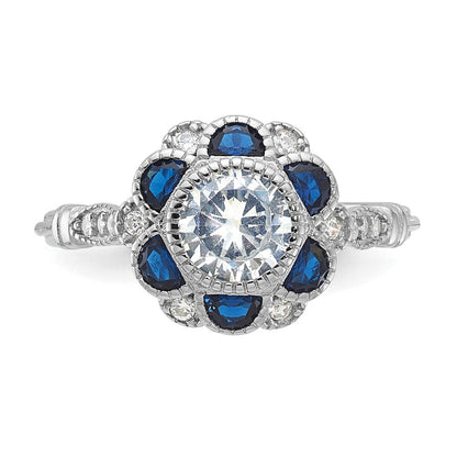 Sterlingsilber Rhodiniert Zirkonia und Lab Cr. Blau Saphir Blume Ring