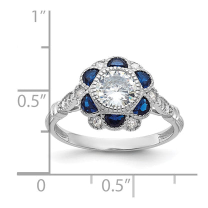 Sterlingsilber Rhodiniert Zirkonia und Lab Cr. Blau Saphir Blume Ring