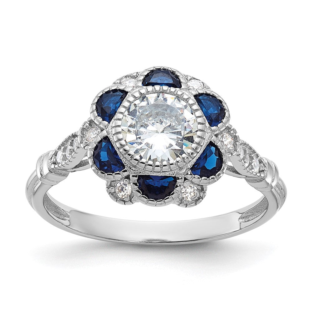 Sterlingsilber Rhodiniert Zirkonia und Lab Cr. Blau Saphir Blume Ring