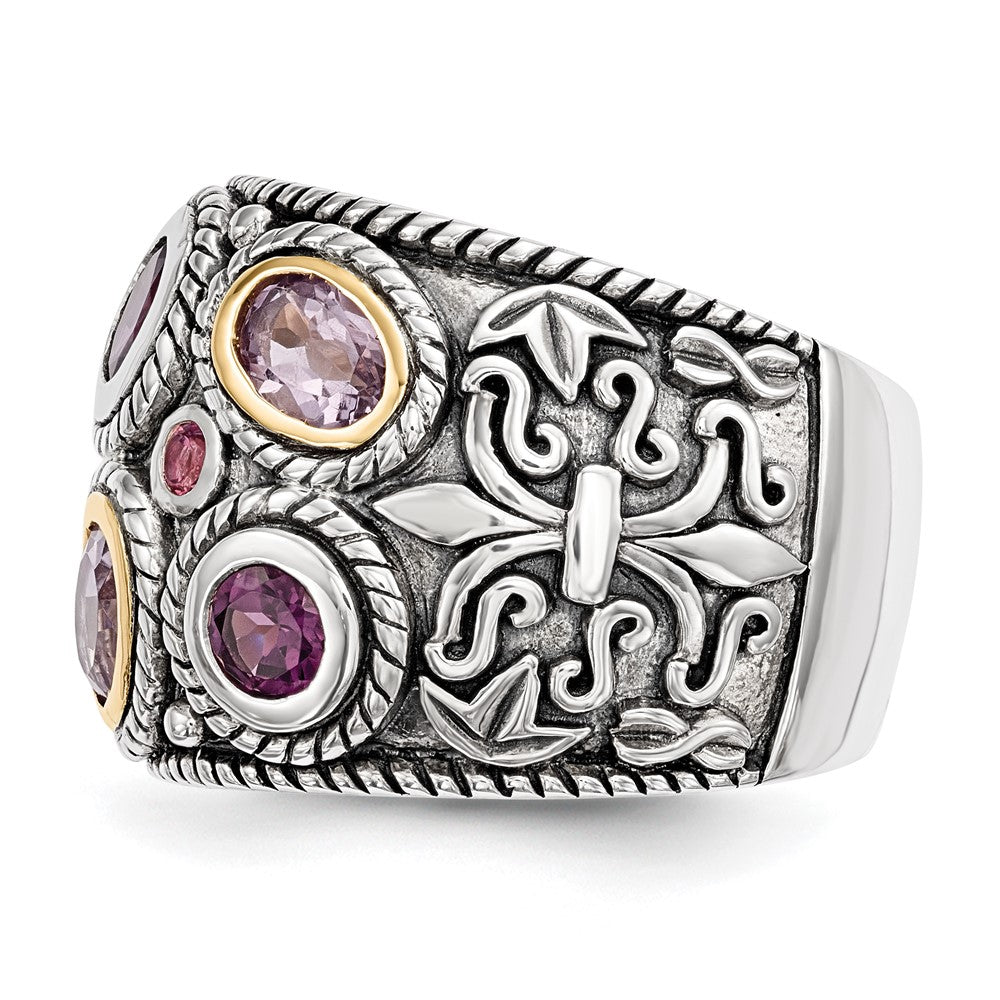Silber/14K Bicolor Sterlingsilber Rhod. 14K Rosa Qrtz Rhodolith Ga & Turmalin Ring