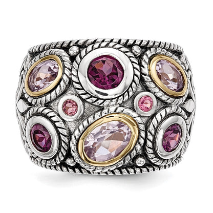 Silber/14K Bicolor Sterlingsilber Rhod. 14K Rosa Qrtz Rhodolith Ga & Turmalin Ring