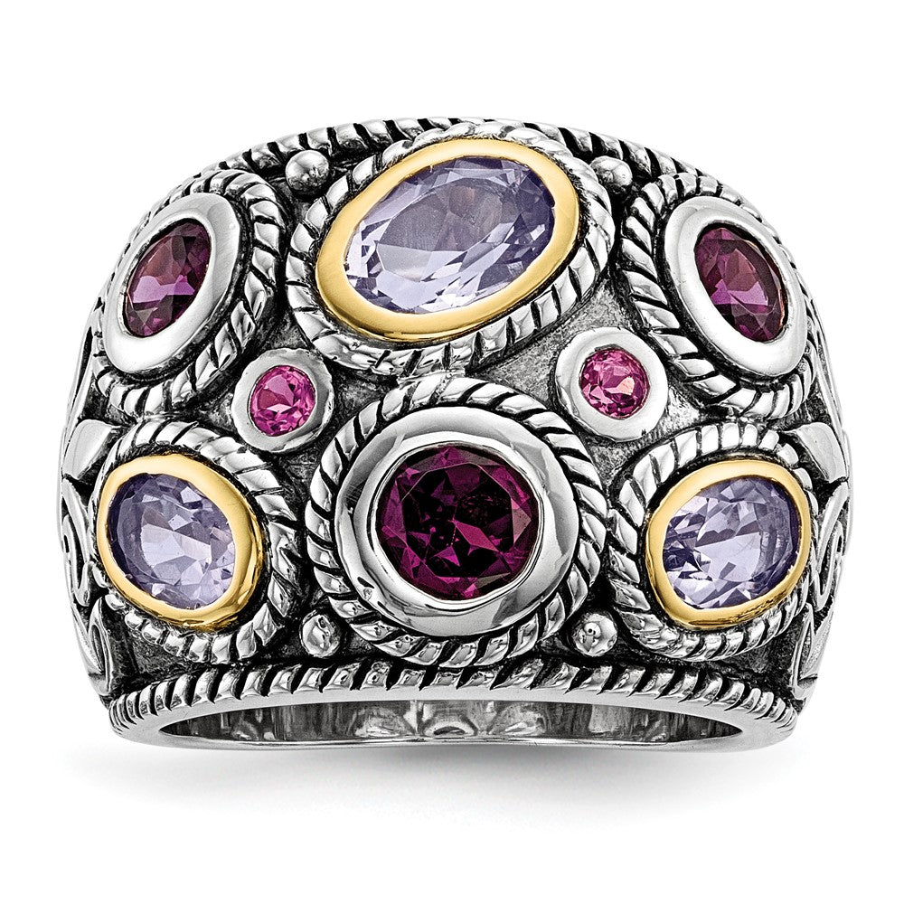 Silber/14K Bicolor Sterlingsilber Rhod. 14K Rosa Qrtz Rhodolith Ga & Turmalin Ring