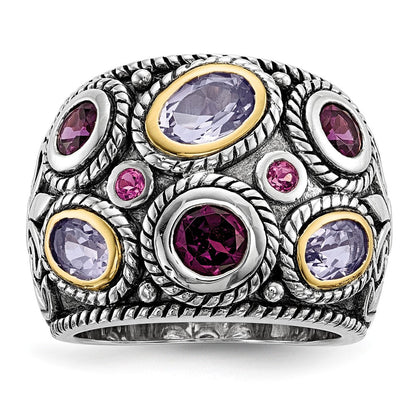 Silber/14K Bicolor Sterlingsilber Rhod. 14K Rosa Qrtz Rhodolith Ga & Turmalin Ring