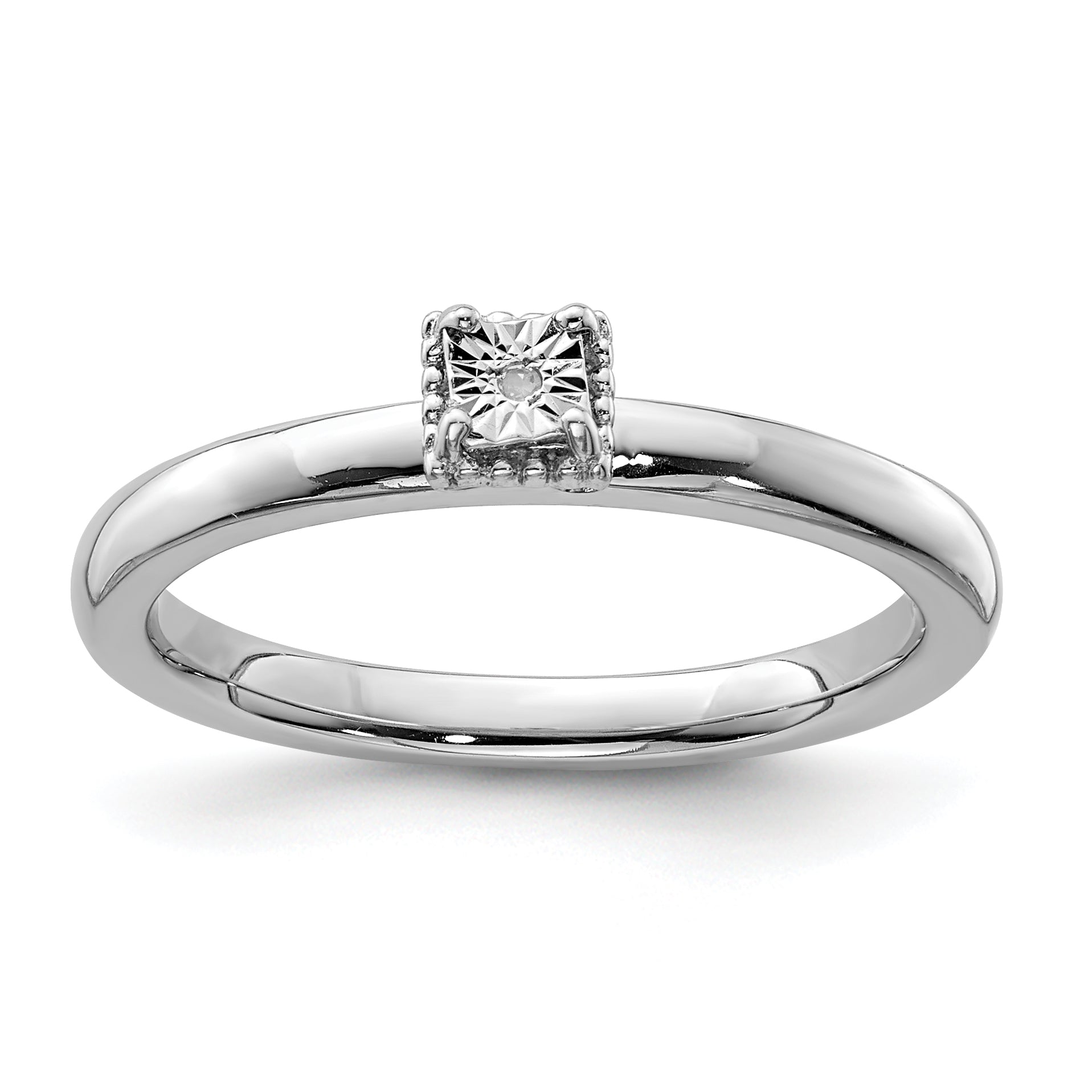 Sterlingsilber Rhodiniert Poliert Diamant Quadratisch Form Ring
