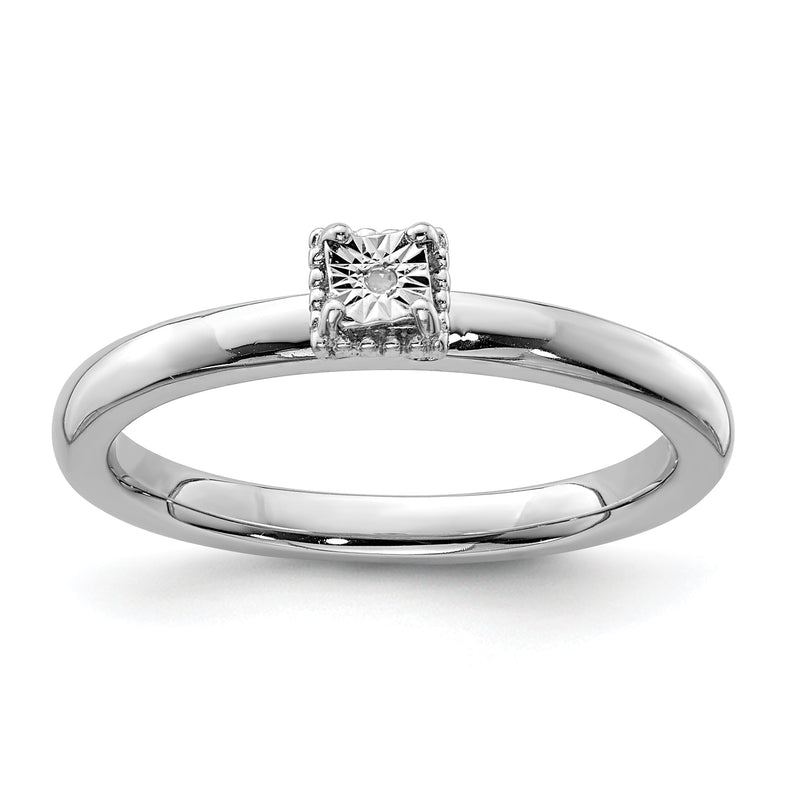 Sterlingsilber Rhodiniert Poliert Diamant Quadratisch Form Ring