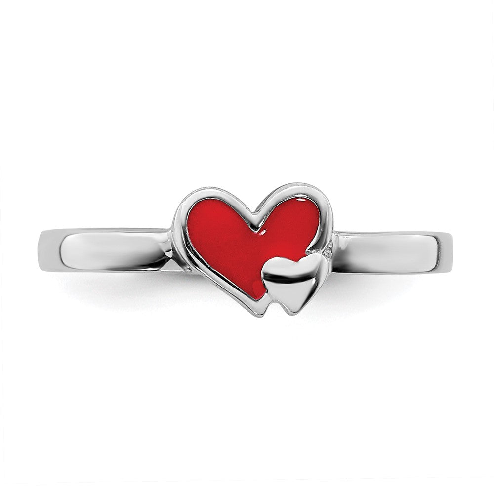 Sterlingsilber Rhodiniert Rot Emailliert Doppelt Herz Kinder Ring