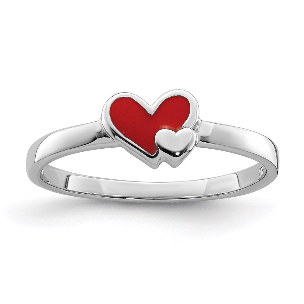 Sterlingsilber Rhodiniert Rot Emailliert Doppelt Herz Kinder Ring