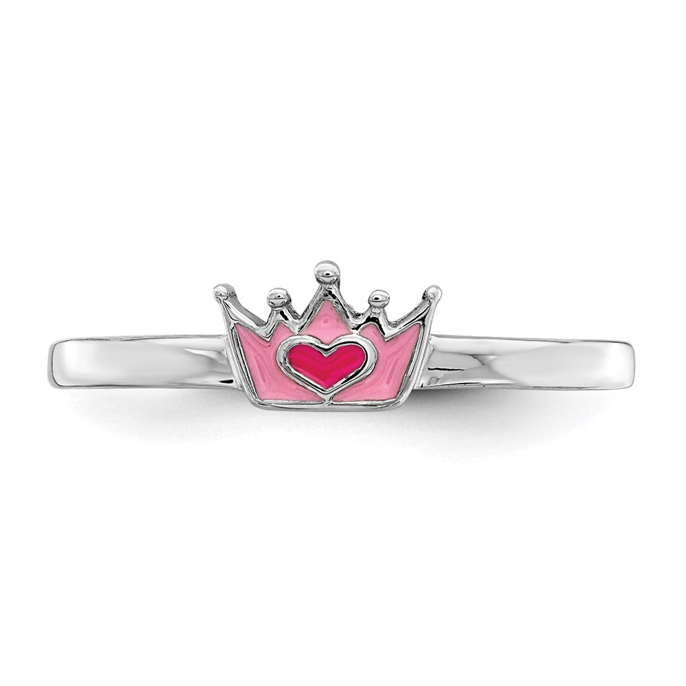 Sterlingsilber Rhodiniert Poliert Rosa Emaille Krone Kinder Ring