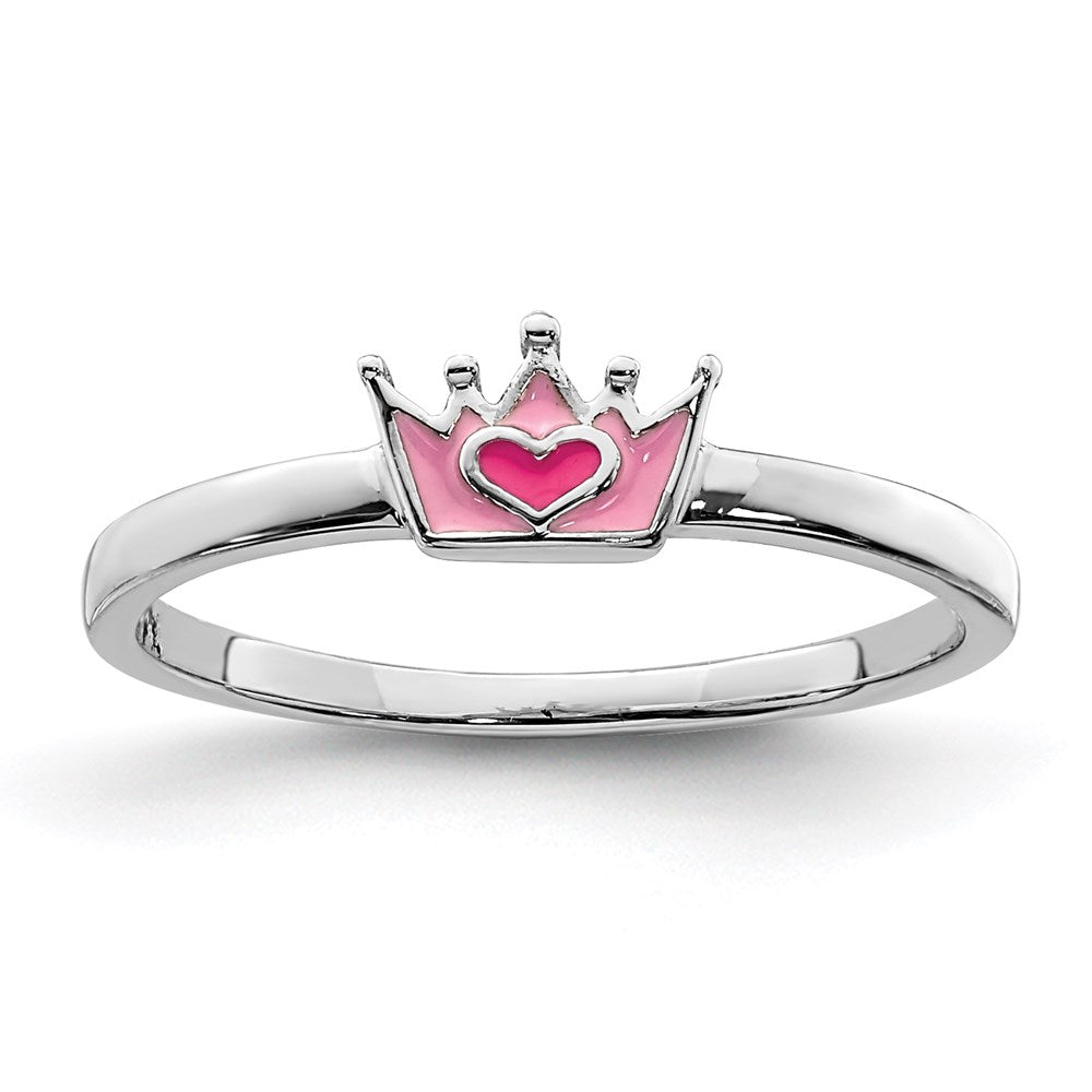 Sterlingsilber Rhodiniert Poliert Rosa Emaille Krone Kinder Ring