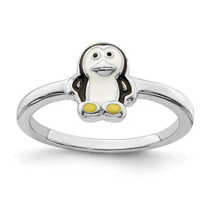 Sterlingsilber Rhodiniert Childs Emailliert Pinguin Ring (size 3 Nur)