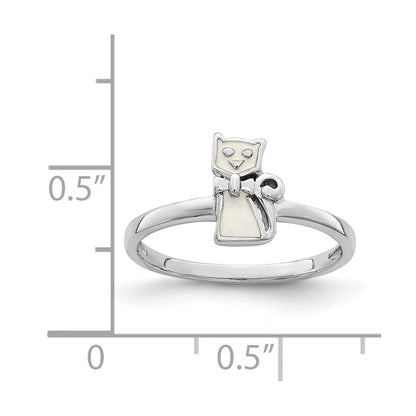 Sterlingsilber Rhodiniert Childs Emailliert Weiß Katze Ring (size 4 Nur)