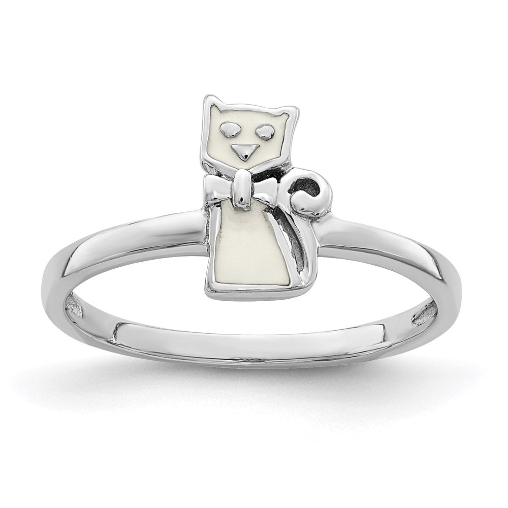 Sterlingsilber Rhodiniert Childs Emailliert Weiß Katze Ring (size 4 Nur)