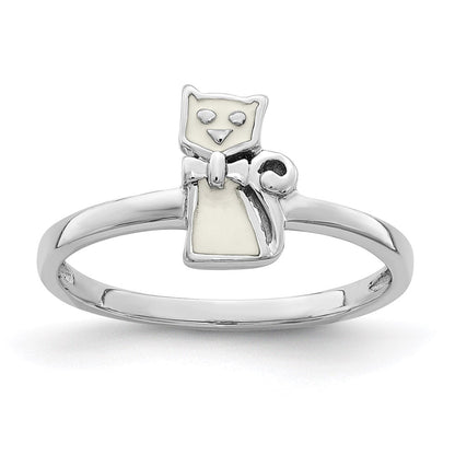 Sterlingsilber Rhodiniert Childs Emailliert Weiß Katze Ring (size 4 Nur)