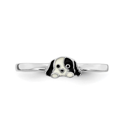Sterlingsilber Rhodiniert Schwarz & Weiß Emailliert Puppy Kinder Ring