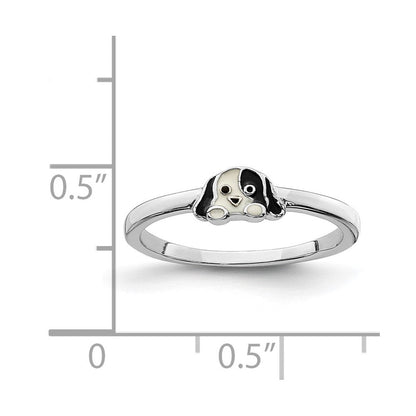 Sterlingsilber Rhodiniert Schwarz & Weiß Emailliert Puppy Kinder Ring