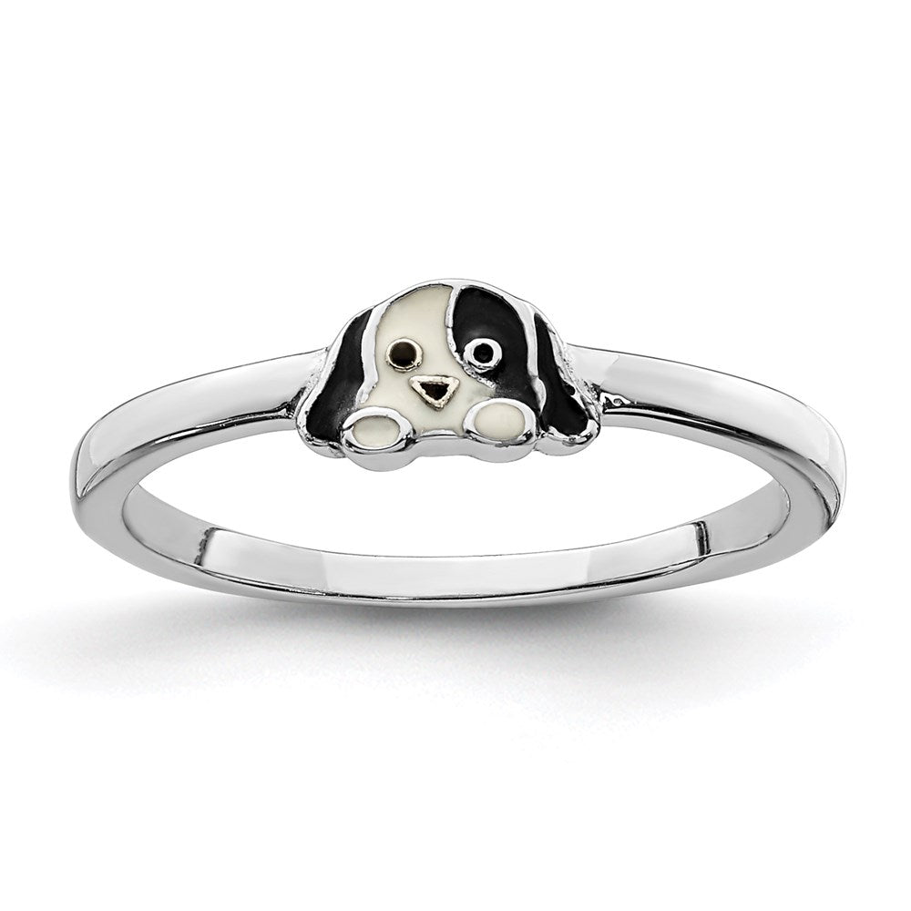 Sterlingsilber Rhodiniert Schwarz & Weiß Emailliert Puppy Kinder Ring