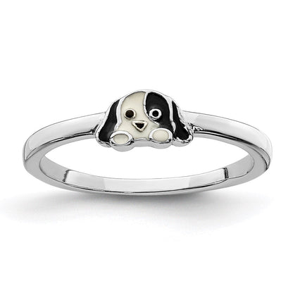 Sterlingsilber Rhodiniert Schwarz & Weiß Emailliert Puppy Kinder Ring