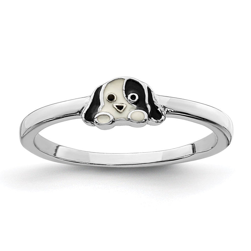 Sterlingsilber Rhodiniert Schwarz & Weiß Emailliert Puppy Kinder Ring