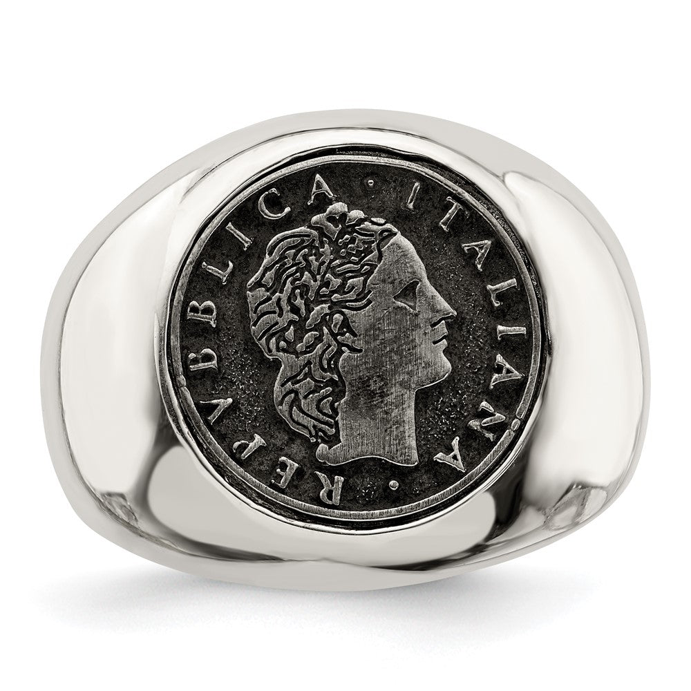 Sterlingsilber Poliert mit Antikisiert Replica 50 Lire Italienisch Münze Ring (size 9 Nur)