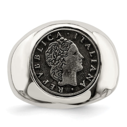 Sterlingsilber Poliert mit Antikisiert Replica 50 Lire Italienisch Münze Ring (size 9 Nur)