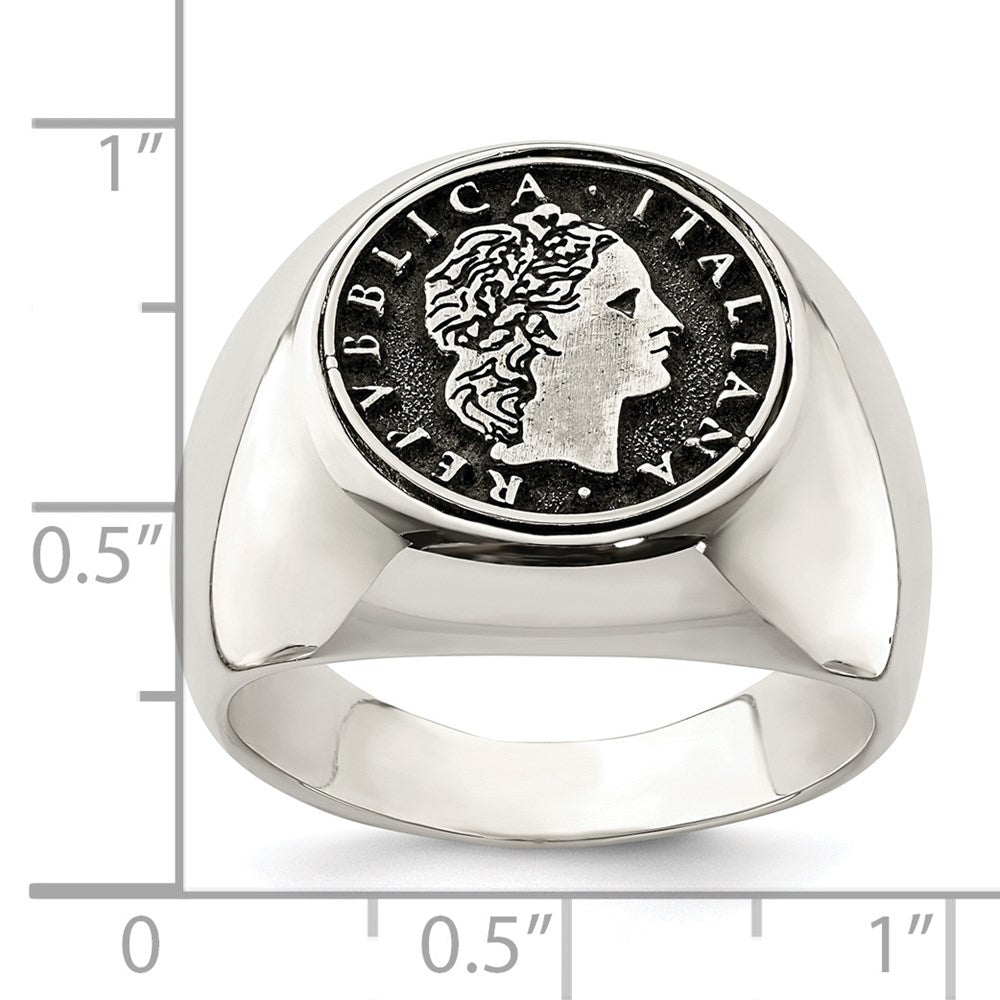 Sterlingsilber Poliert mit Antikisiert Replica 50 Lire Italienisch Münze Ring (size 9 Nur)