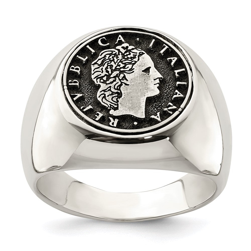 Sterlingsilber Poliert mit Antikisiert Replica 50 Lire Italienisch Münze Ring (size 9 Nur)