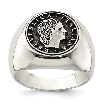 Sterlingsilber Poliert mit Antikisiert Replica 50 Lire Italienisch Münze Ring (size 9 Nur)