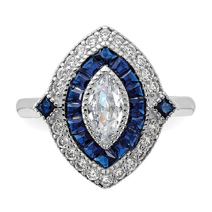 Sterlingsilber Rhodiniert Zirkonia und Synthetisch Blau Spinell Ring