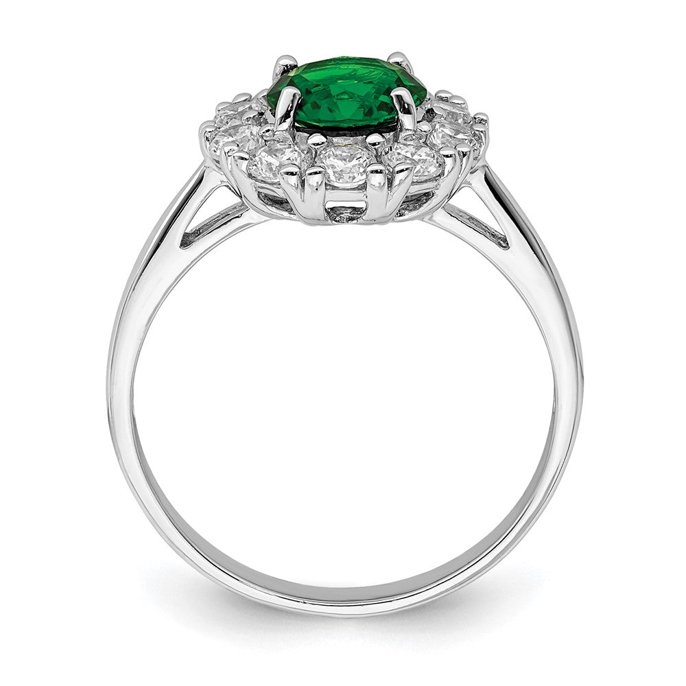 Sterlingsilber Rhodiniert Grün Glas und Zirkonia Heiligenschein Ring