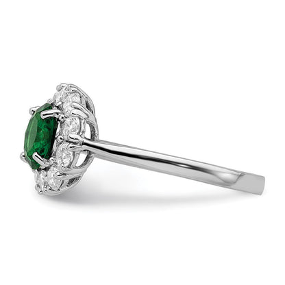 Sterlingsilber Rhodiniert Grün Glas und Zirkonia Heiligenschein Ring