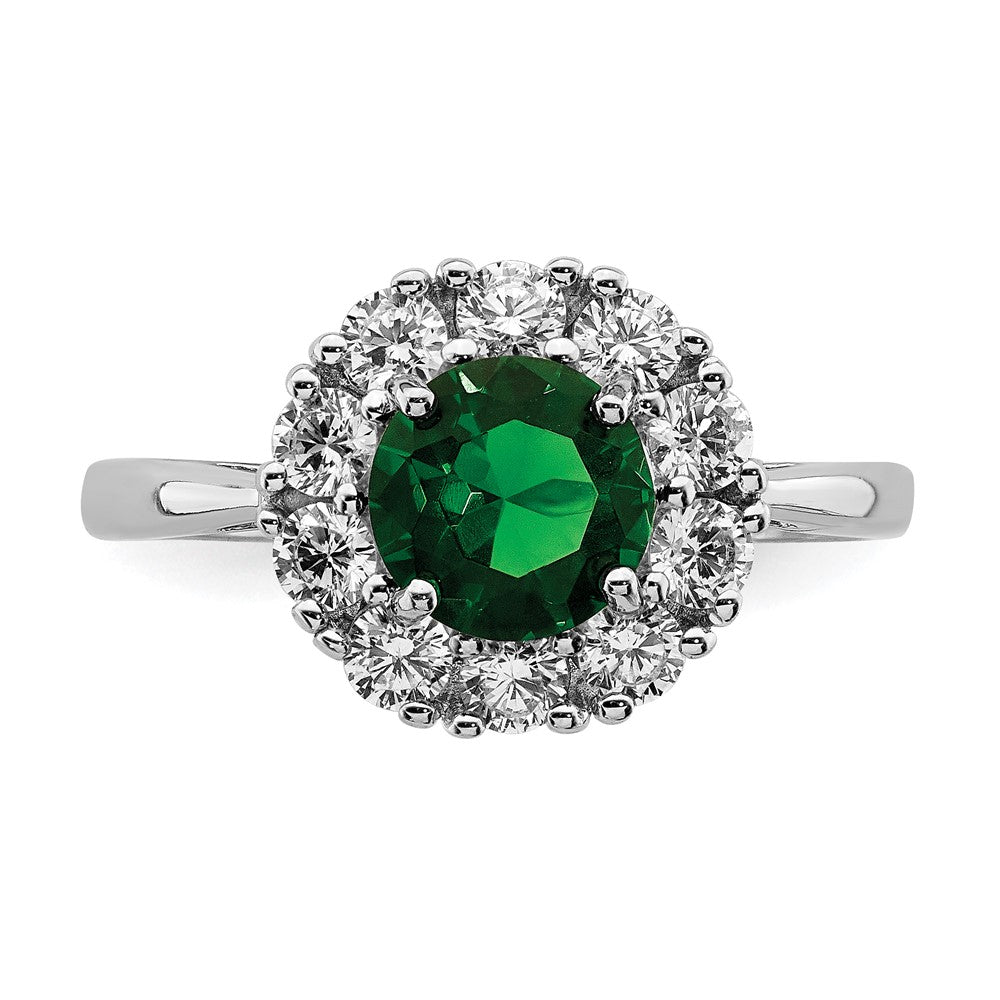 Sterlingsilber Rhodiniert Grün Glas und Zirkonia Heiligenschein Ring