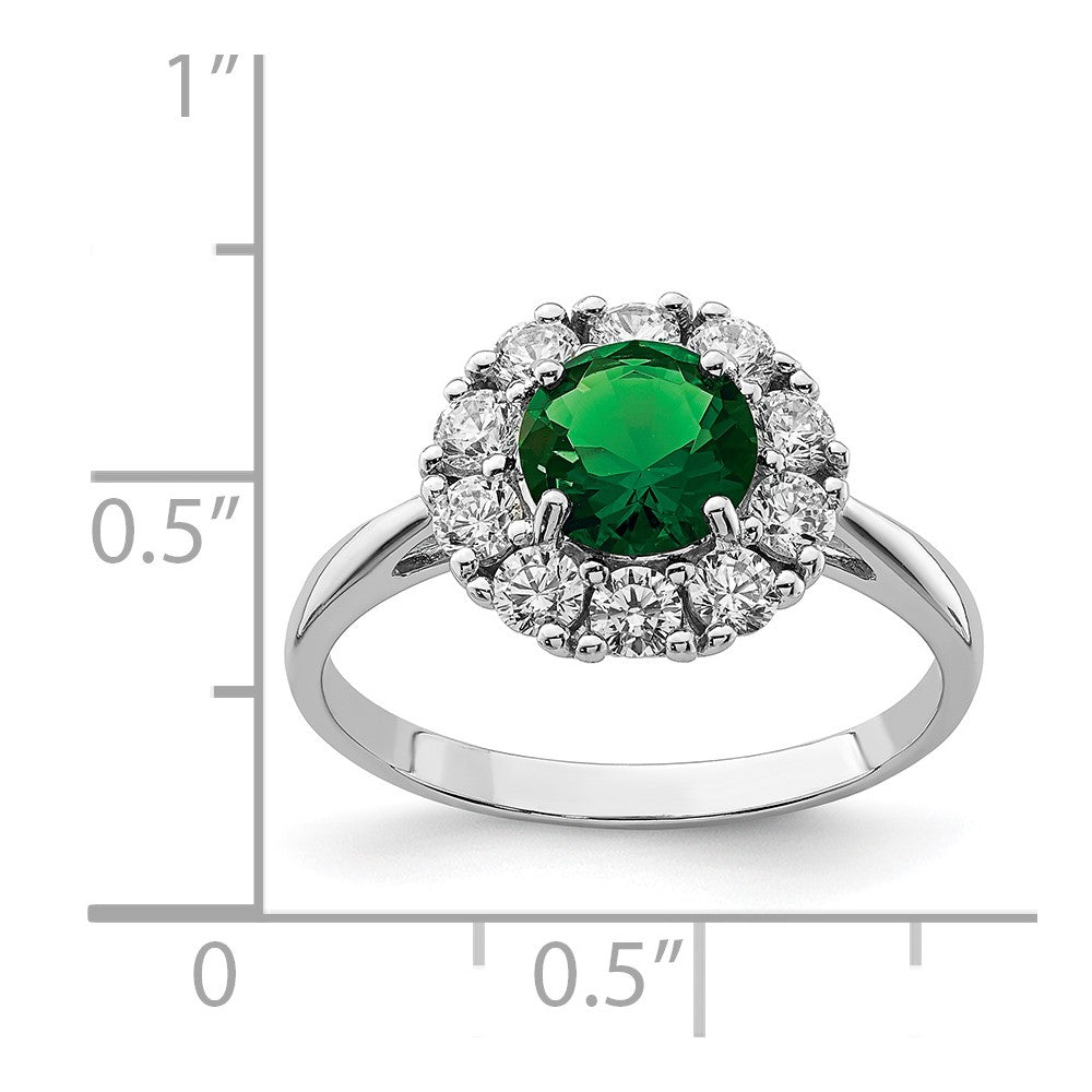 Sterlingsilber Rhodiniert Grün Glas und Zirkonia Heiligenschein Ring