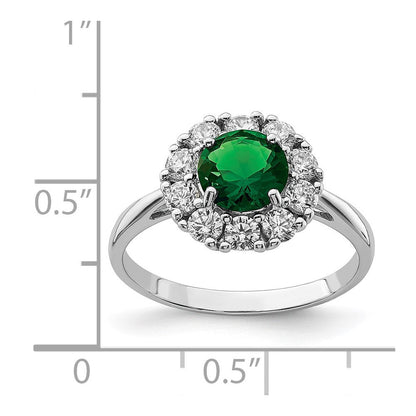 Sterlingsilber Rhodiniert Grün Glas und Zirkonia Heiligenschein Ring