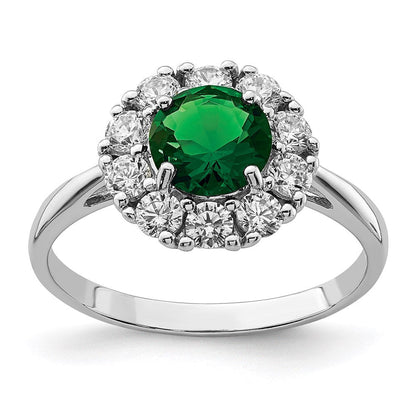 Sterlingsilber Rhodiniert Grün Glas und Zirkonia Heiligenschein Ring