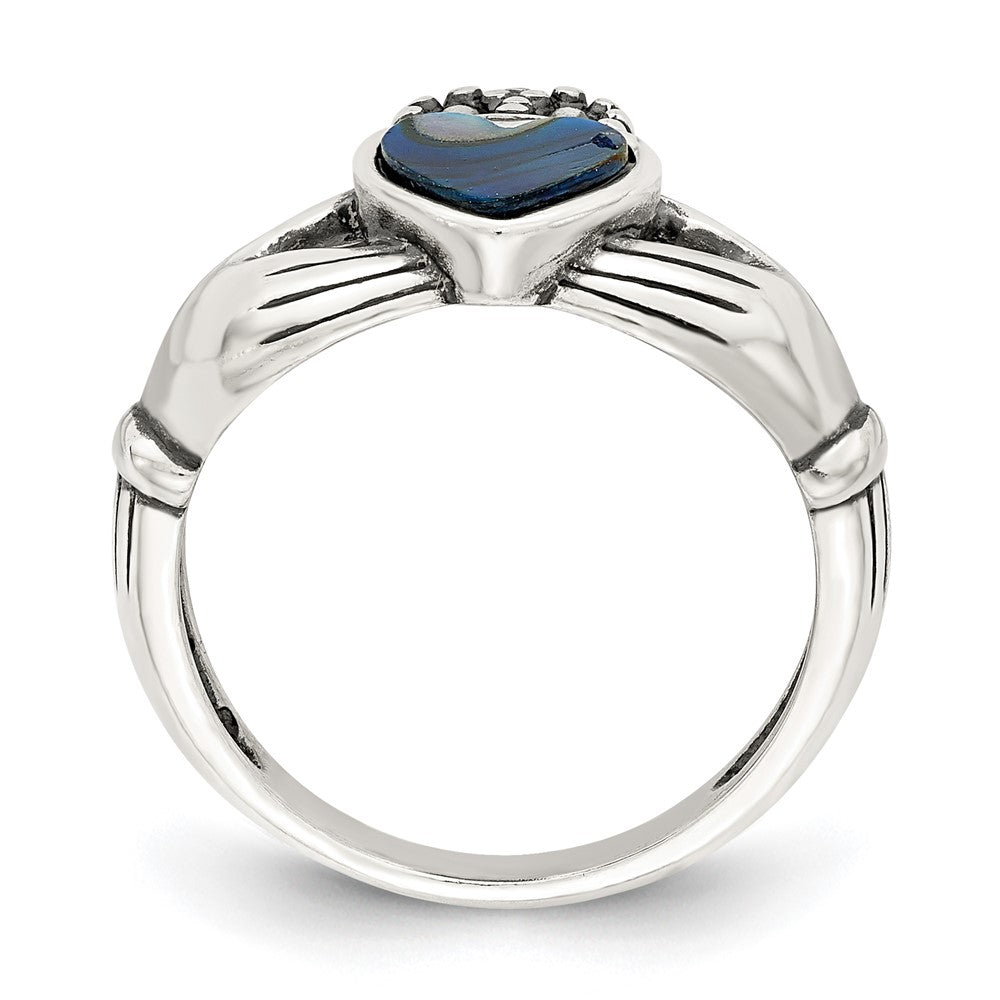 Sterlingsilber Antikisiert Abalone Einlage und Schwarz Emaille Claddagh Ring