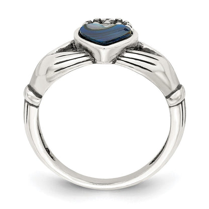 Sterlingsilber Antikisiert Abalone Einlage und Schwarz Emaille Claddagh Ring