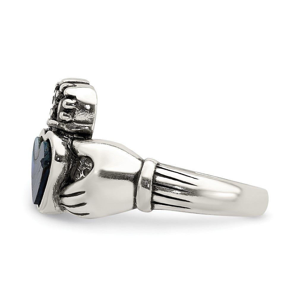 Sterlingsilber Antikisiert Abalone Einlage und Schwarz Emaille Claddagh Ring