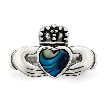 Sterlingsilber Antikisiert Abalone Einlage und Schwarz Emaille Claddagh Ring
