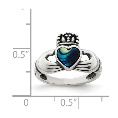 Sterlingsilber Antikisiert Abalone Einlage und Schwarz Emaille Claddagh Ring