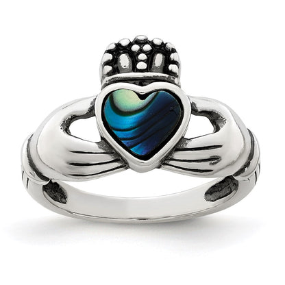 Sterlingsilber Antikisiert Abalone Einlage und Schwarz Emaille Claddagh Ring